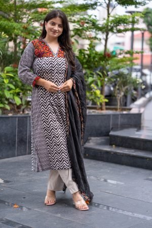 Kala Creation Beautiful Zigzag Printed V-Neck Kurta Pant And Dupatta Set