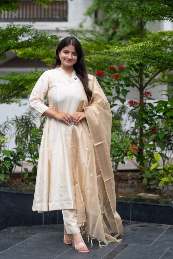 Kala Creation Beautiful Neckline Pearl Work Chanderi Silk Kurta Pant And Dupatta Set