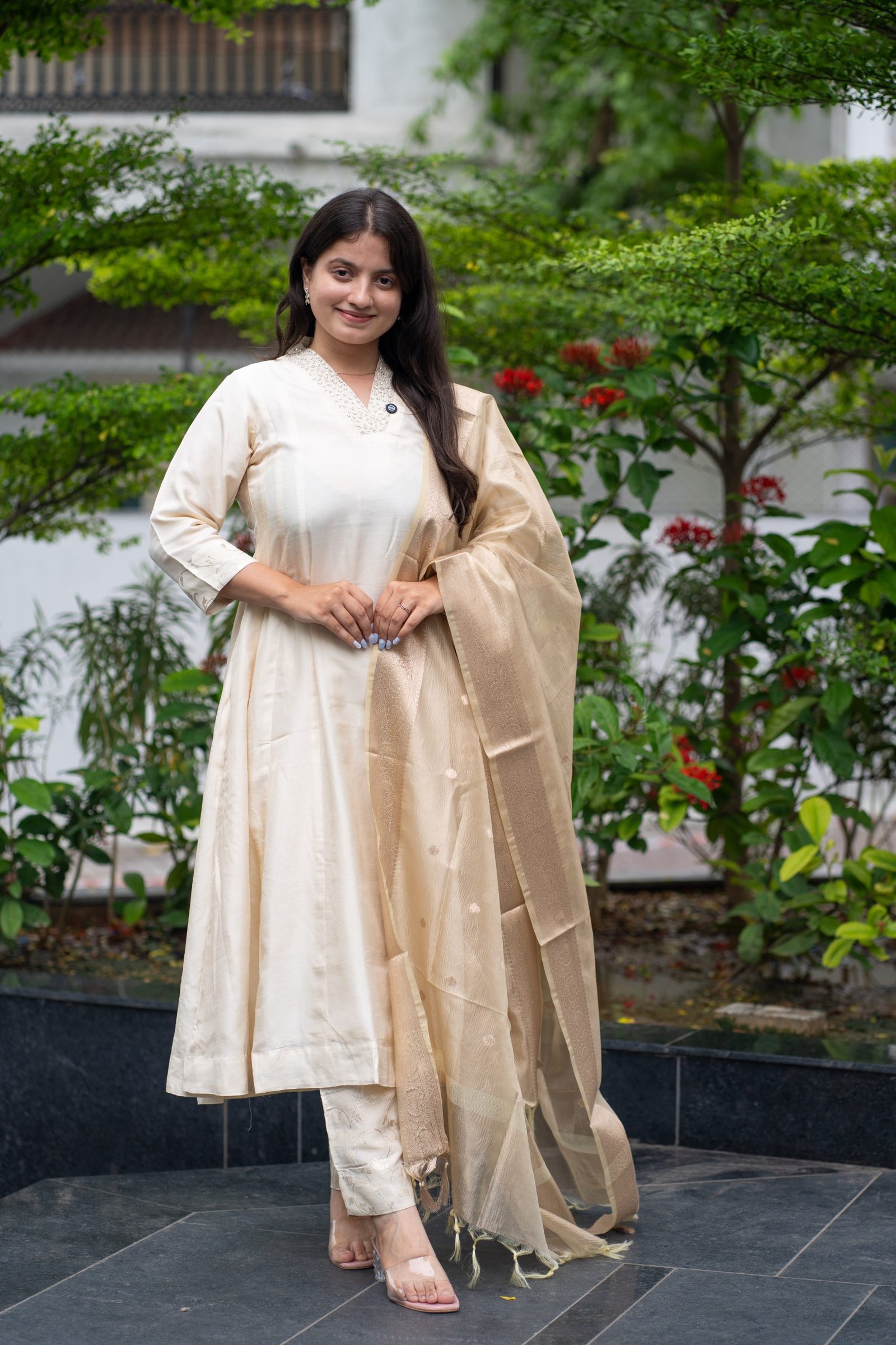 Kala Creation Beautiful Neckline Pearl Work Chanderi Silk Kurta Pant And Dupatta Set