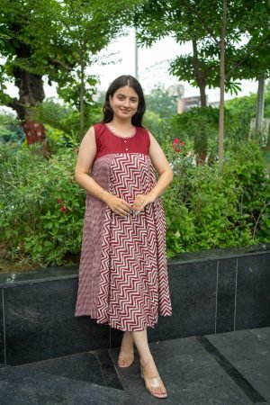 Kala Creation Beautiful Zigzag Printed Round Neck Long Flared Midi Kurti