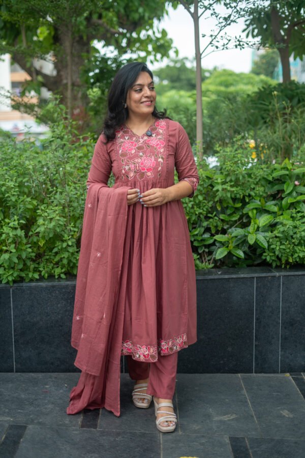 Kala Creation Beautiful Neckyock And Flared Embroidered Work Kurta Pant And Dupatta Set - Image 3