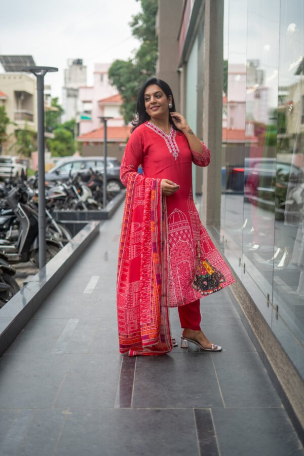 Kala Creation Beautiful Neckline Work And Printed Kurti Pant And Dupatta Set - Image 3