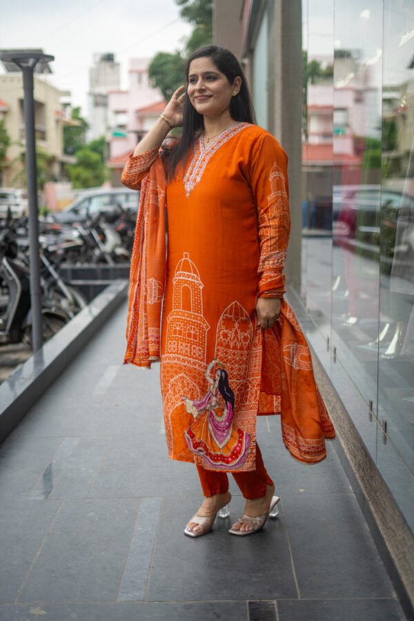 Kala Creation Beautiful Neckline Work And Printed Kurti Pant And Dupatta Set - Image 4