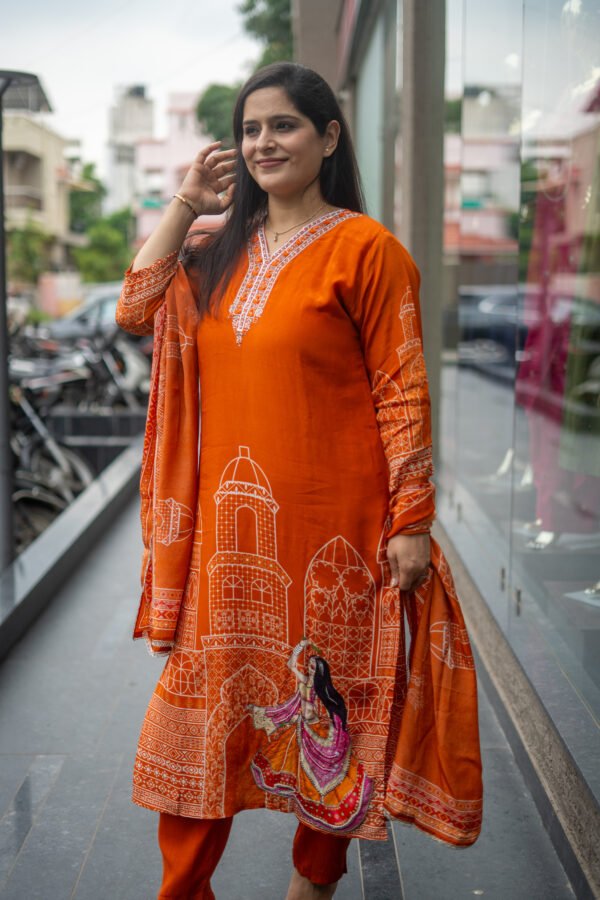 Kala Creation Beautiful Neckline Work And Printed Kurti Pant And Dupatta Set - Image 2