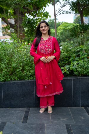 Kala Creation Beautiful Neckyock Embroidered And Mirror Work Flared Kurti Pant And Dupatta Set