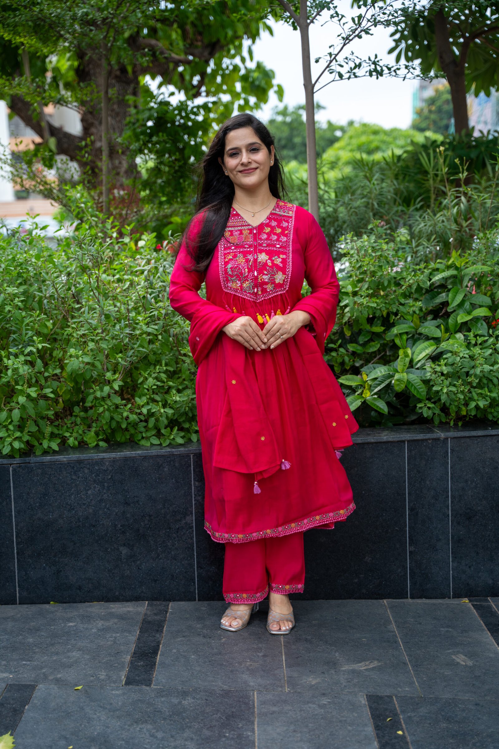 Kala Creation Beautiful Neckyock Embroidered And Mirror Work Flared Kurti Pant And Dupatta Set