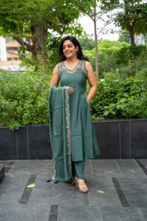 Kala Creation Beautiful Neckline Embroidered Work Sleeveless Kurta Pant And Dupatta Set