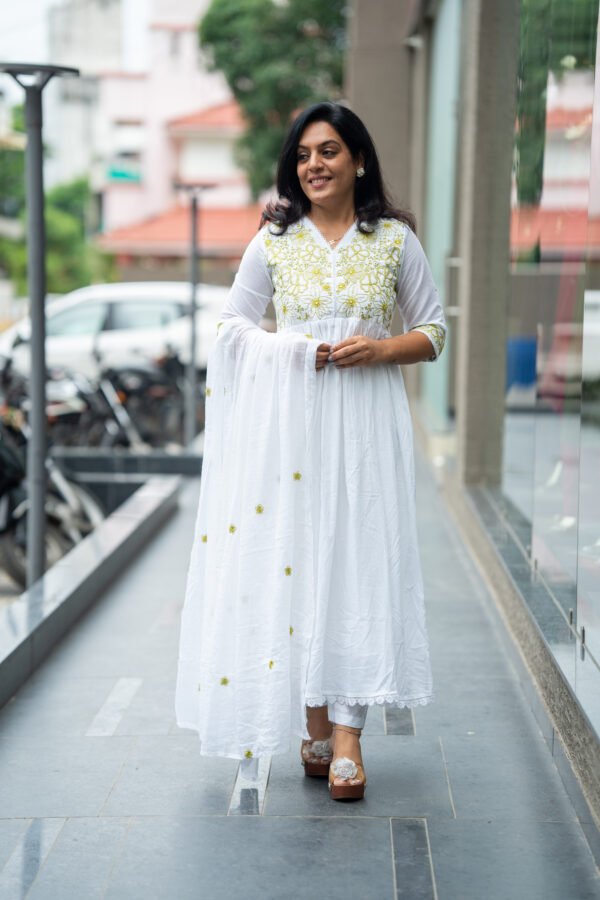 Kala Creation Beautiful Neckline Embroidered Work Long Flared Kurta Pant And Dupatta Set - Image 7