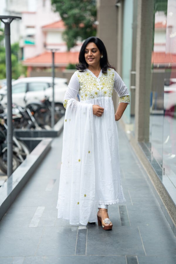 Kala Creation Beautiful Neckline Embroidered Work Long Flared Kurta Pant And Dupatta Set - Image 4