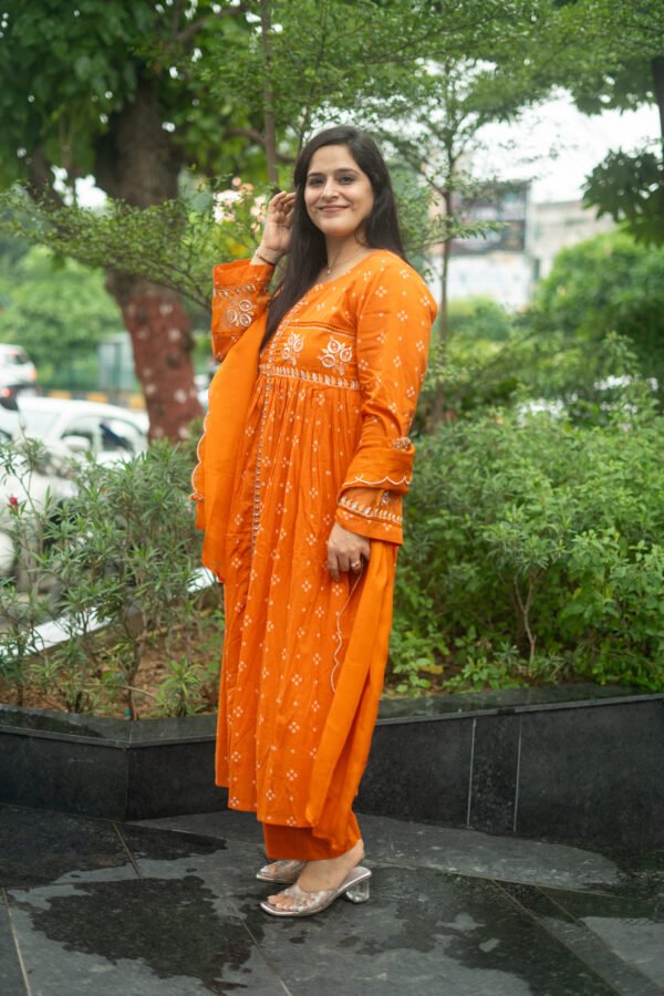 Kala Creation Beautiful Embroidered Work And Printed Flared Kurti Pant And Dupatta Set - Image 3