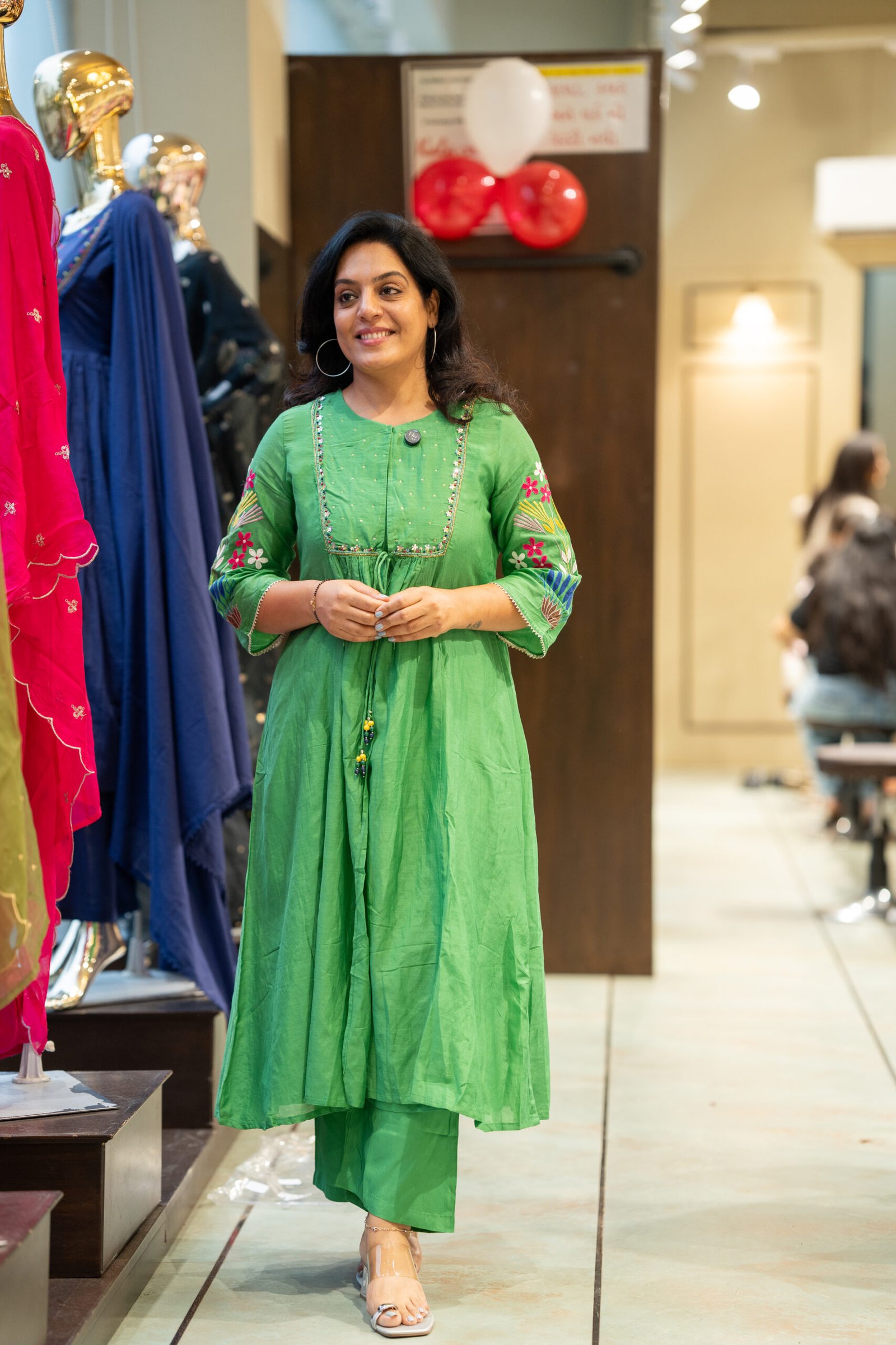 Kala Creation Beautiful Neckyock Work Long Flared Jacket Style Kurta And inner Pant Set