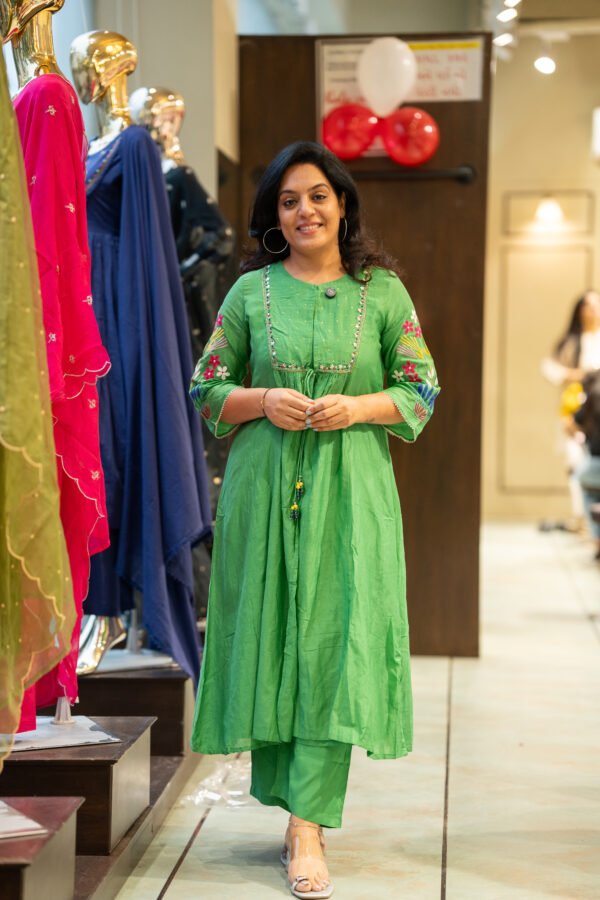 Kala Creation Beautiful Neckyock Work Long Flared Jacket Style Kurta And inner Pant Set - Image 2