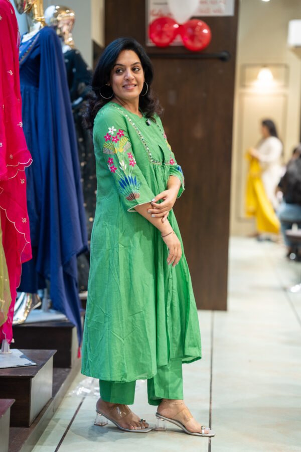 Kala Creation Beautiful Neckyock Work Long Flared Jacket Style Kurta And inner Pant Set - Image 4