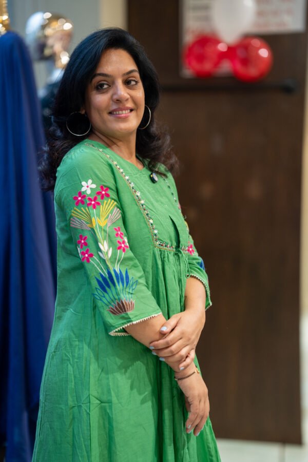 Kala Creation Beautiful Neckyock Work Long Flared Jacket Style Kurta And inner Pant Set - Image 3