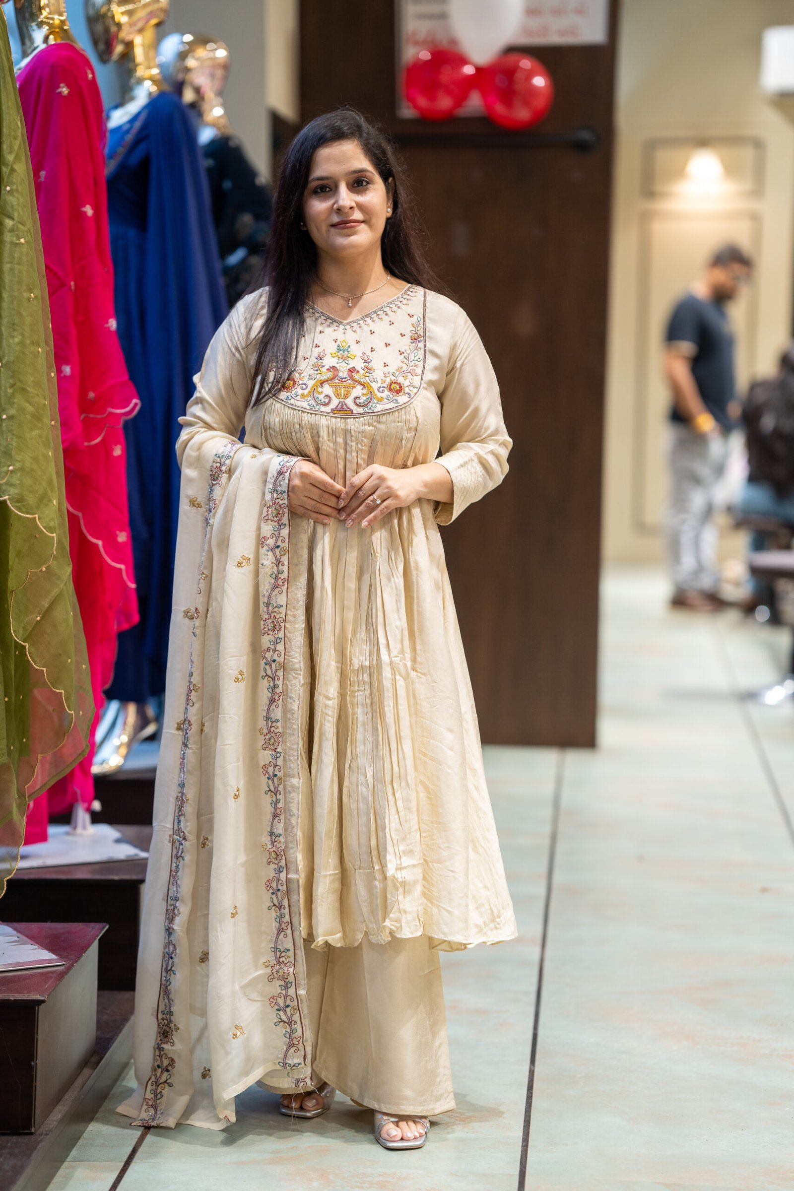 Kala Creation Beautiful Neckyock Work Flared Kurti Pant And Dupatta Set