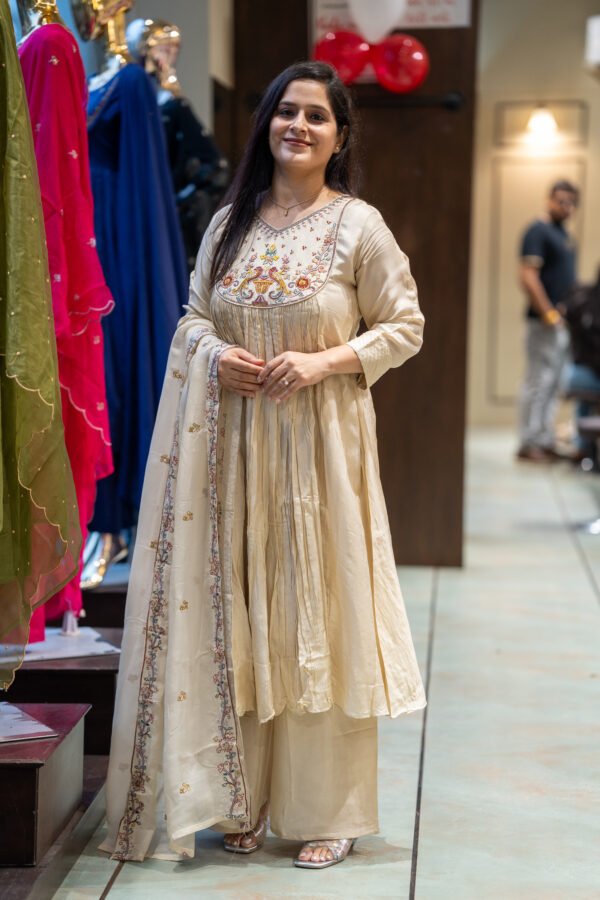 Kala Creation Beautiful Neckyock Work Flared Kurti Pant And Dupatta Set - Image 2