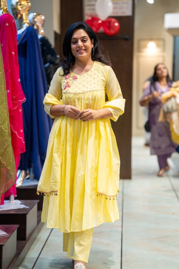 Kala Creation Beautiful Neckline Work And Sequence Work Flared Kurti Pant And Dupatta Set