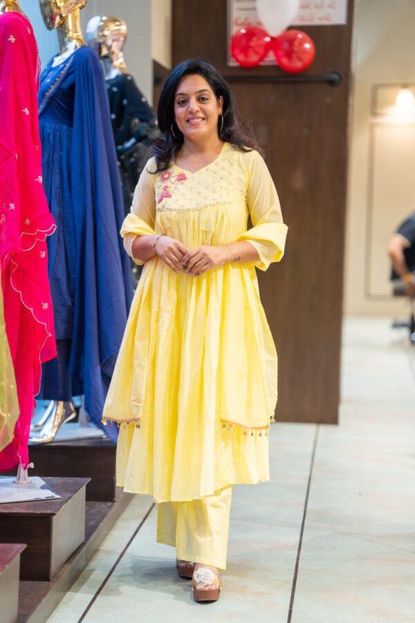 Kala Creation Beautiful Neckline Work And Sequence Work Flared Kurti Pant And Dupatta Set - Image 2