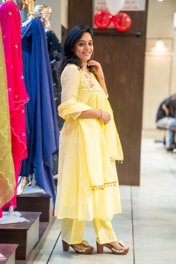 Kala Creation Beautiful Neckline Work And Sequence Work Flared Kurti Pant And Dupatta Set - Image 4