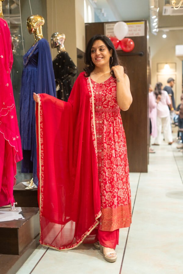 Kala Creation Beautiful Printed V-Neckline Mirror Work Kurta Sharara And Dupatta Set - Image 2