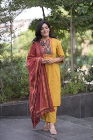 Kala Creation Neckyoke Printed And Plain Kurta Pant And Dupatta Set