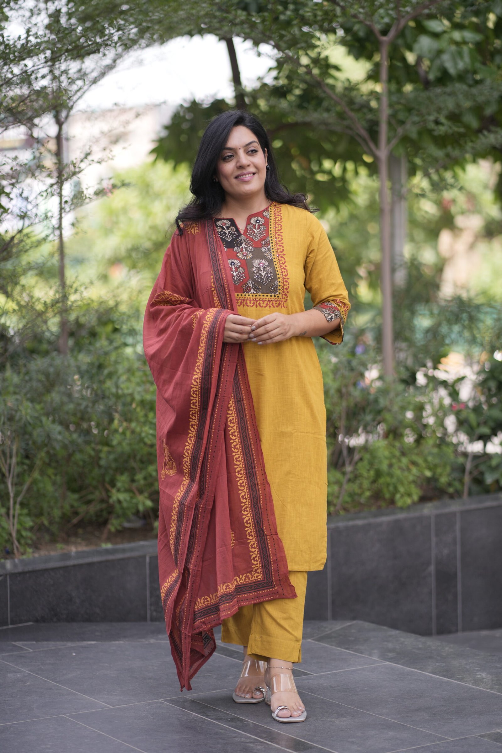Kala Creation Neckyoke Printed And Plain Kurta Pant And Dupatta Set