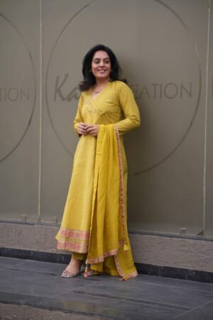 Kala Creation Yellow Angrakha Style Flared Kurta Pant And Dupatta Set