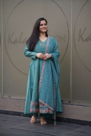 Kala Creation Rama Angrakha Style Flared Kurta Pant And Dupatta Set