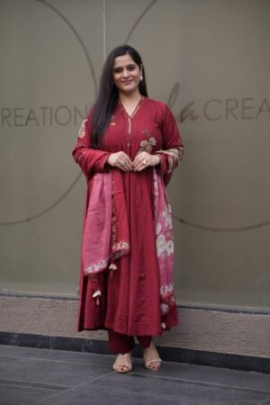 Kala Creation Beautiful Digital Printed Flared Maroon Kurta Pant And Dupatta Set