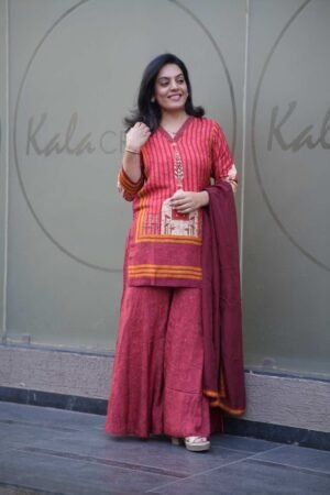 Kala Creation Rust Muslin Straight 3 Piece Suit Set