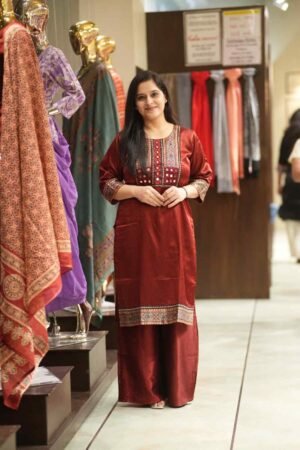 Kala Creation Beautiful Neckyock Mirror Work Long Kurti Maroon