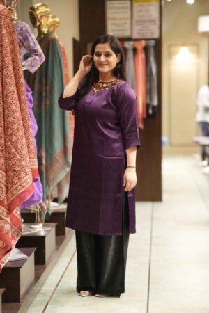 Kala Creation Neckline Beautiful Mirror Work Plain Long Kurti Purple