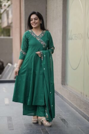 Kala Creation Beautiful Neckline Work Angrakha Kurta Pant And Dupatta Set