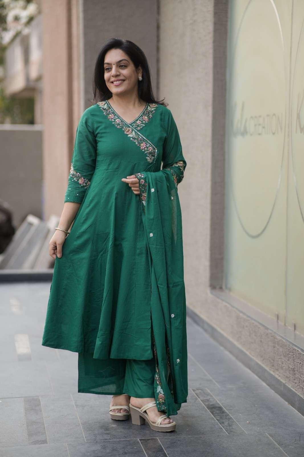 Kala Creation Beautiful Neckline Work Angrakha Kurta Pant And Dupatta Set