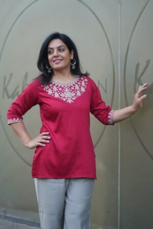 Kala Creation Beautiful Neckline Embroidered Work Plain Short Kurti