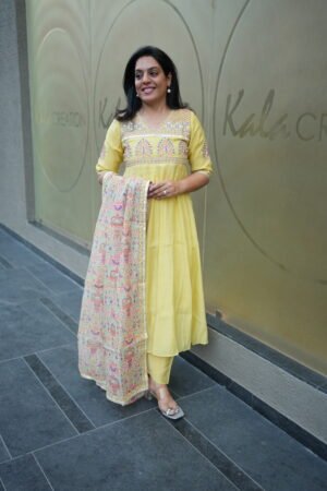 Kala Creation Neckyoke Embroidered Work Flared Silk Kurta With Dupatta And Pant Set