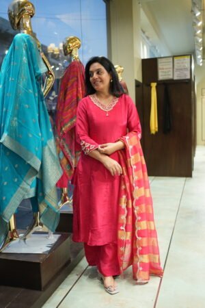 Kala Creation Neckline Work Plain Silk Kurta With Dupatta And Pant Set