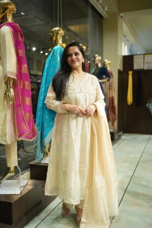 Kala Creation Neckyoke Sequins Work Flared Silk Kurta With Dupatta And Pant Set