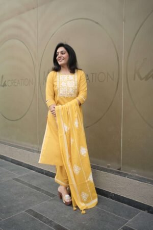 Kala Creation Beautiful Cotton Neckyoke Work Straight Kurta Dupatta And Matching Pant Set