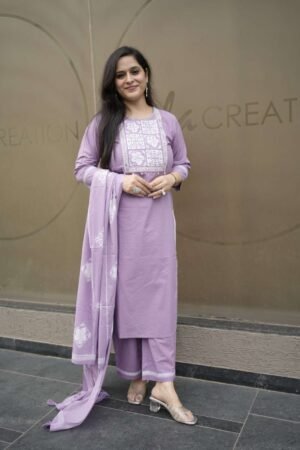 Kala Creation Beautiful Cotton Neckyoke Work Straight Kurta Dupatta And Matching Pant Set
