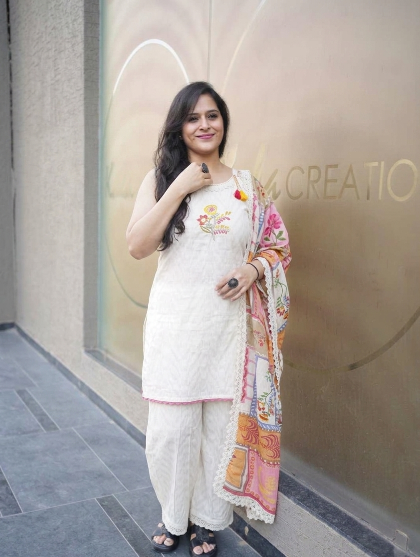 Kala Creation Stylish Embroidered Work Off White Kurta Pant And Dupatta Set