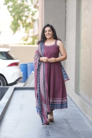 Kala Creation Beautiful Wine Color Cotton Anarkali Flared Kurta Pant And Dupatta Set