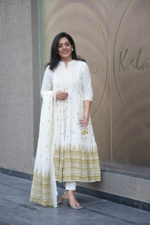 Kala Creation White Anarkali Kurta Set With Matching Dupatta