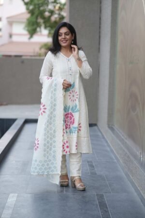 Kala Creation White Chikankari Kurta With Floral Print Dupatta And Pant Set