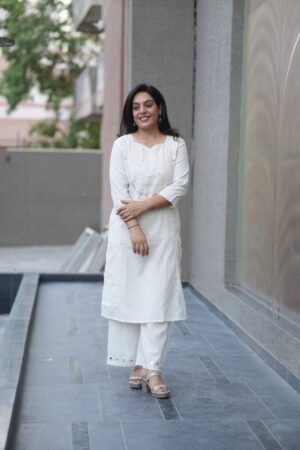Kala Creation White Mirror Work Kurta With Matching Pant Set