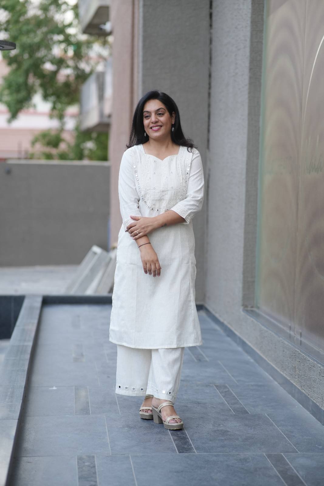 Kala Creation White Mirror Work Kurta With Matching Pant Set