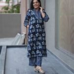 Kala Creation Indigo Floral Print Cotton Mirror Kurta With Striped Pant Set