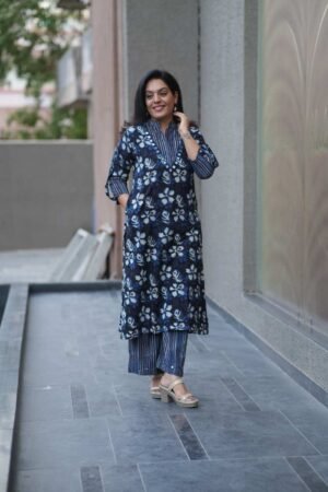 Kala Creation Indigo Floral Print Cotton Mirror Kurta With Striped Pant Set