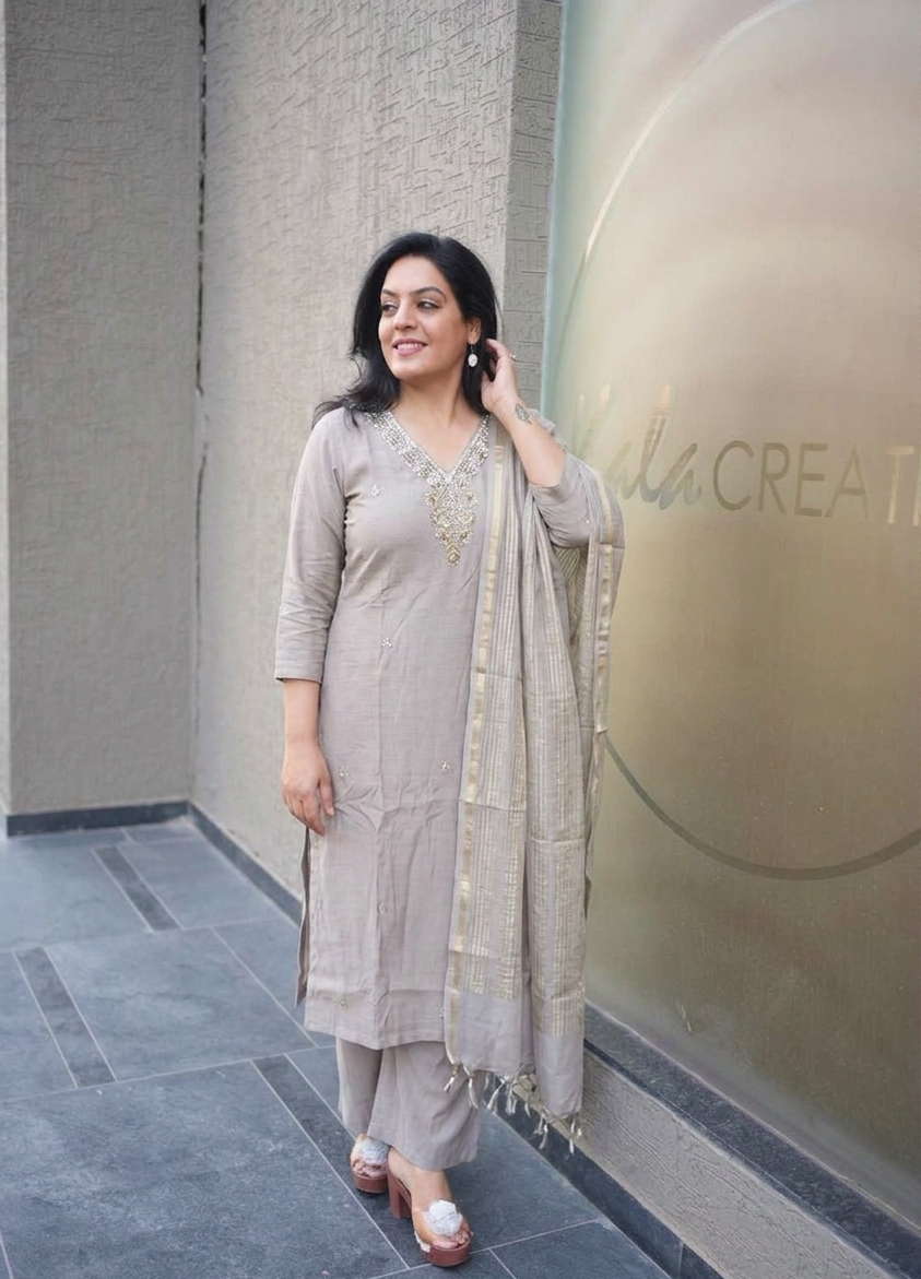 Kala Creation Beautiful Neckline Work Silk Kurta Pant And Dupatta Set