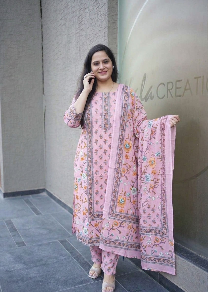 Kala Creation Cotton Straight Kurta Set With Pants & Dupatta Set
